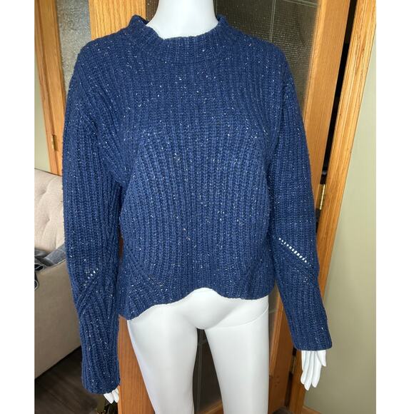 PrAna Chunky Knit Wool Cedric Sweater Mock Neck Marled Marine Blue Size Medium - Picture 3 of 9
